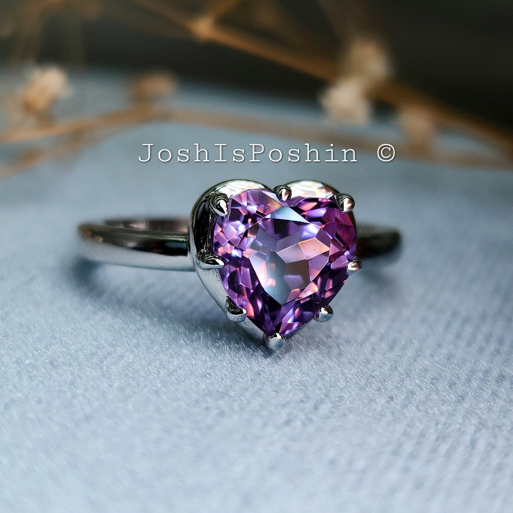 2CTW Personalized purple amethyst heart cut ring in sterling silver - Picture 3 of 7